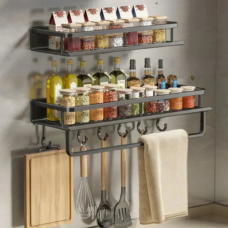 Black Aluminum Kitchen Wall Shelf with Hooks Modern Space-Saving Organizer