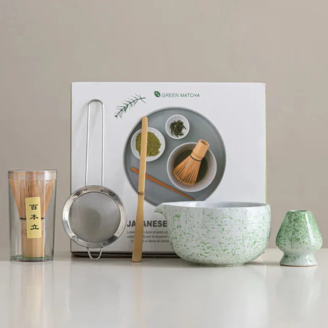 Ceramic Matcha Bowl Set with Whisk Natural Finish Standard Size Traditional Design
