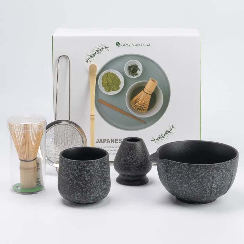 Matcha Bowl Set Ceramic and Bamboo 6-Piece Traditional Tea Ceremony Kit with 100-Prong Whisk and Scoop