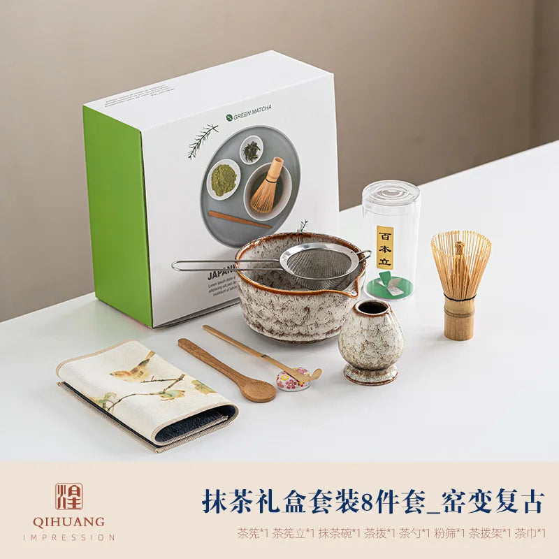 Matcha Tea Set 8-Piece Ceramic Bowl Bamboo Whisk Traditional Japanese Tea Ceremony