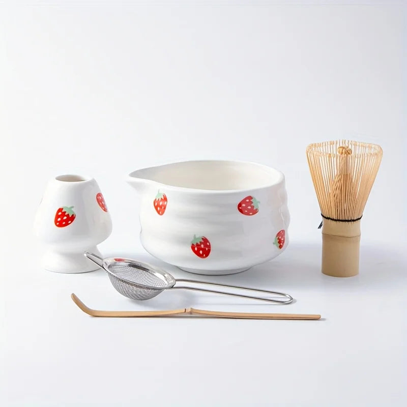 Japanese Matcha Bowl Set Ceramic Strawberry Design Traditional Tea Ceremony Cup