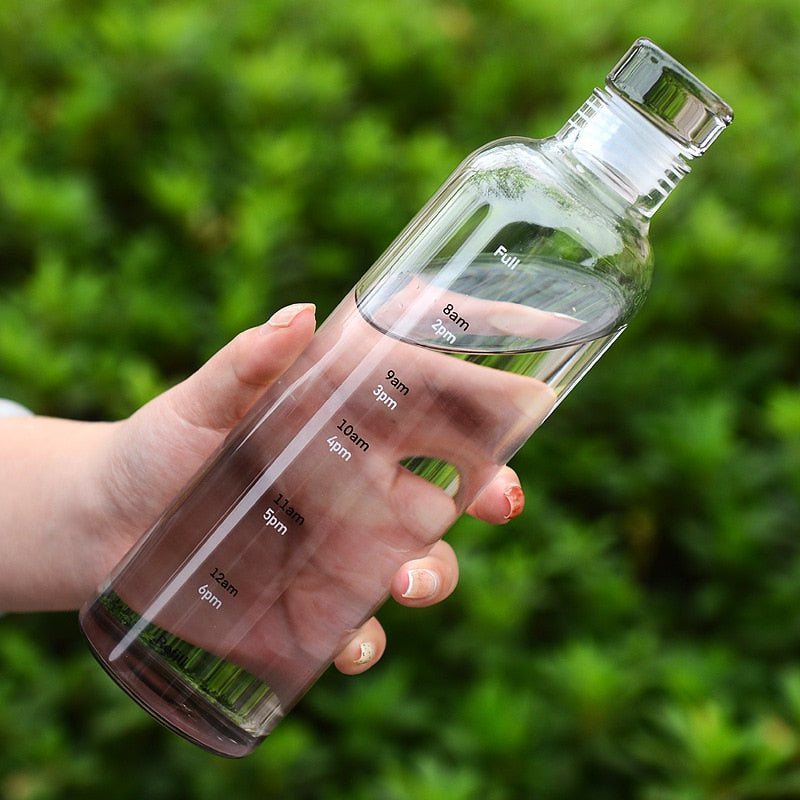 Heat-Resistant Glass Water Bottle with Time Scale and Leak-Proof Lid 22oz
