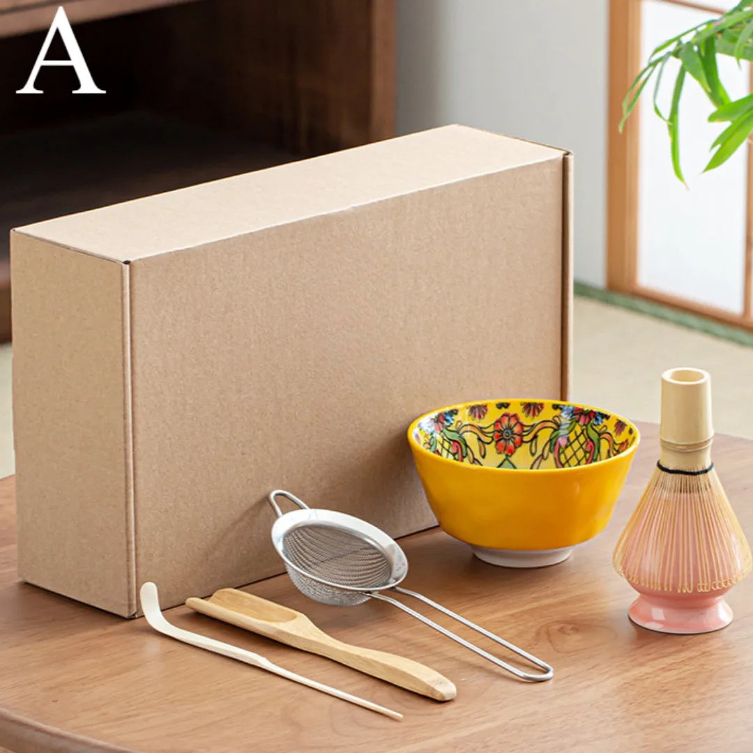 Matcha Tea Set 6-Piece Ceramic and Bamboo Traditional Japanese Green Bowl and Whisk