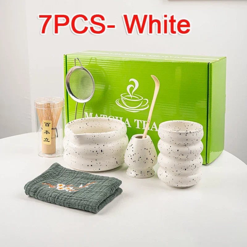 Matcha Tea Set 7-Piece Bamboo and Ceramic Traditional Japanese Green Tea Brewing Kit