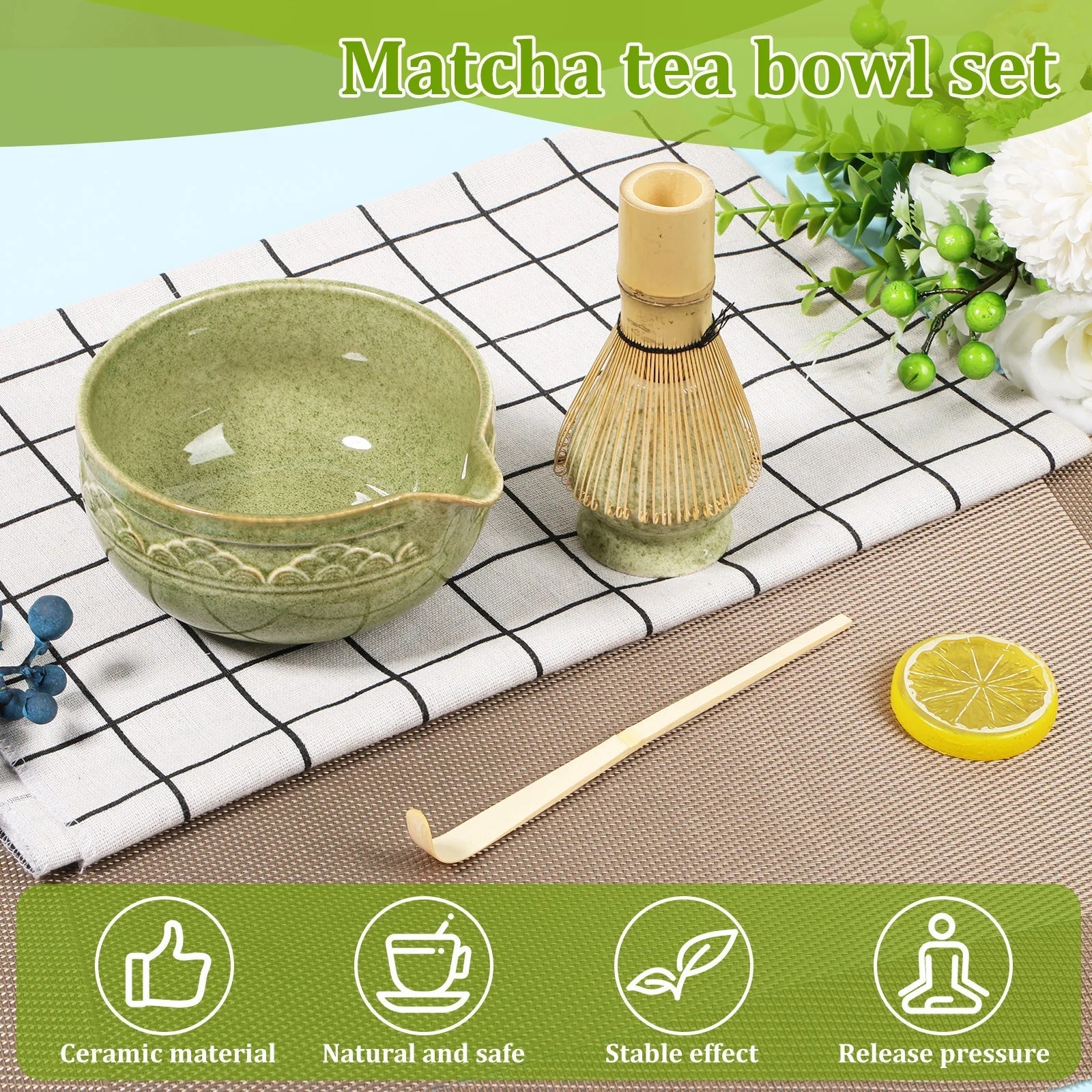 Matcha Tea Set 5-Piece Ceramic Bowl Bamboo Whisk Scoop Holder Green