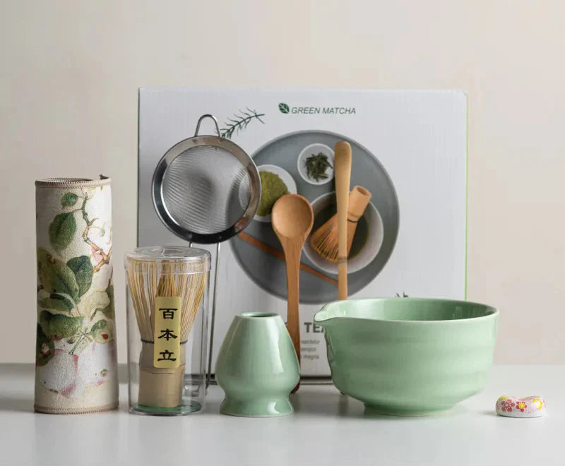 8-Piece Matcha Tea Set Ceramic Bowl Bamboo Whisk Frother Sakura Design Traditional Ceremony