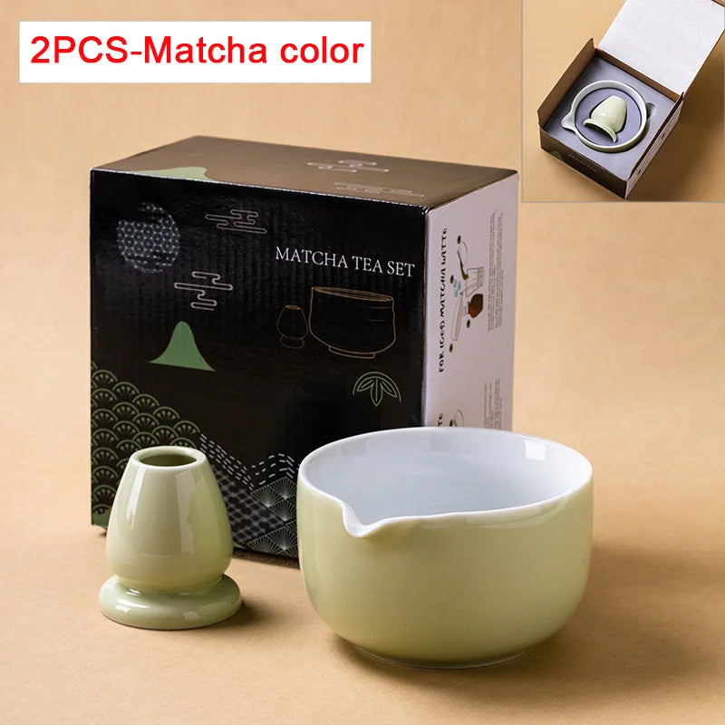 Japanese Ceramic Matcha Bowl Set 550ml Green with Pouring Spout and Whisk Holder for Tea Ceremony