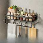 Black Aluminum Kitchen Wall Shelf with Hooks Modern Space-Saving Organizer