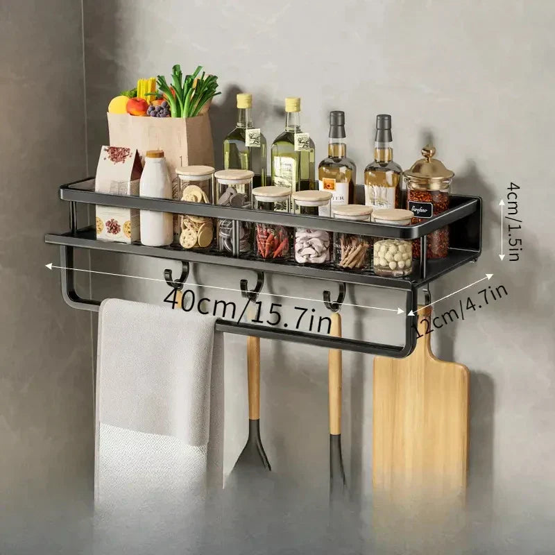 Black Aluminum Kitchen Wall Shelf with Hooks Modern Space-Saving Organizer