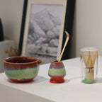 Matcha Tea Set Ceramic 4-Piece Hand-Painted Green Glaze Bowls with Bamboo Whisk and Scoop