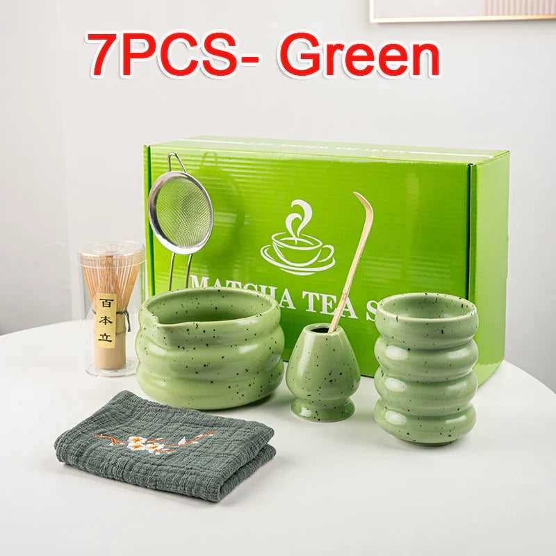 Matcha Tea Set 7-Piece Bamboo and Ceramic Traditional Japanese Green Tea Brewing Kit
