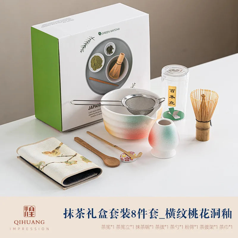 Matcha Tea Set 8-Piece Ceramic Bowl Bamboo Whisk Traditional Japanese Tea Ceremony