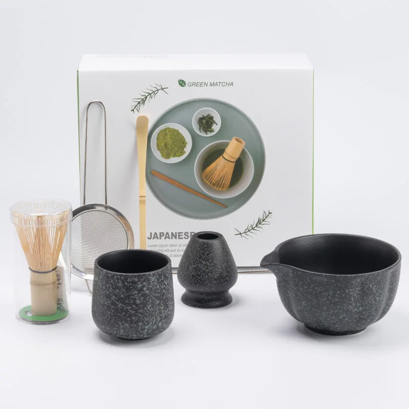 Matcha Bowl Set Ceramic and Bamboo 6-Piece Traditional Tea Ceremony Kit with 100-Prong Whisk and Scoop