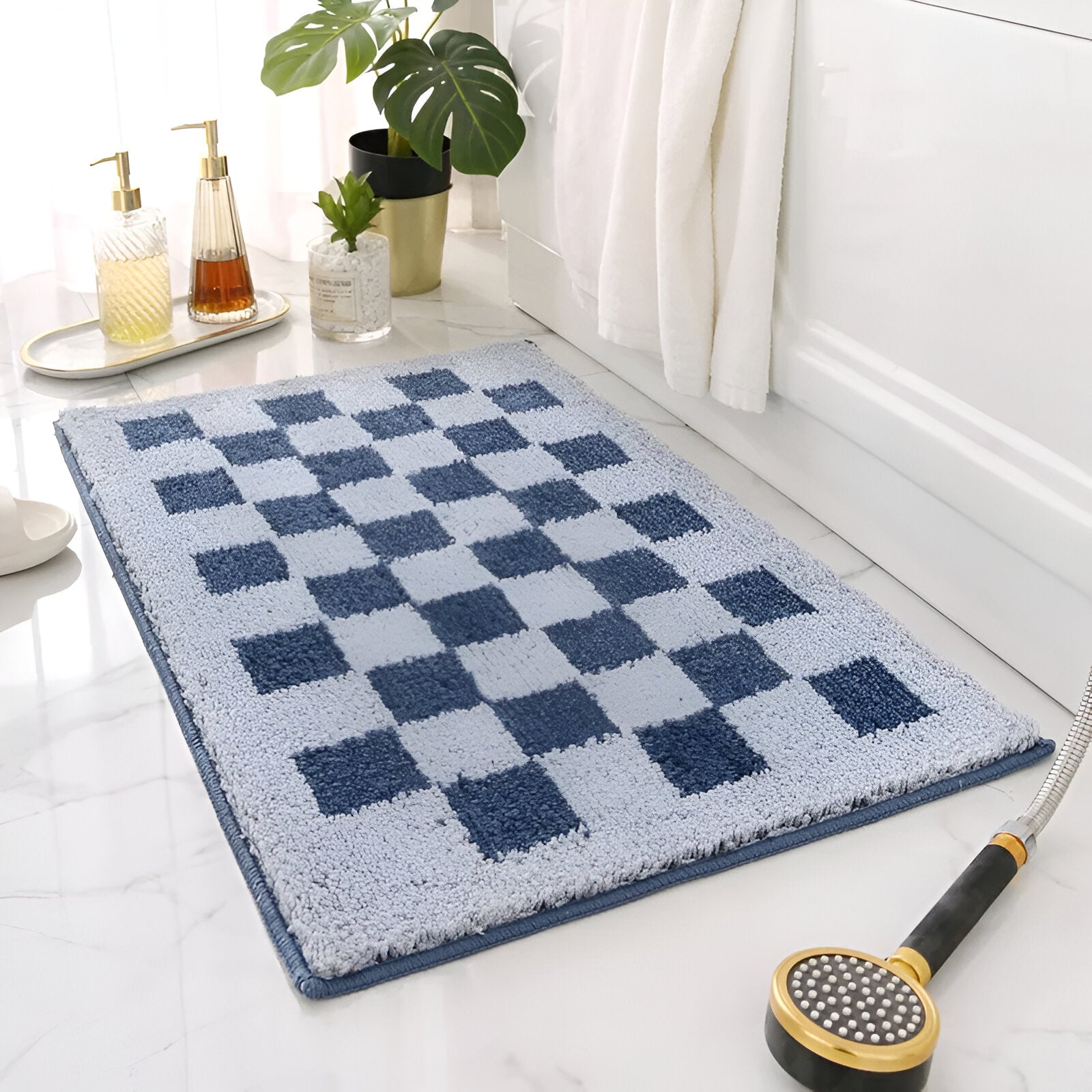 Harrow Plush Microfiber Checkered Bath Mat Black and White Machine Washable Eco-Friendly