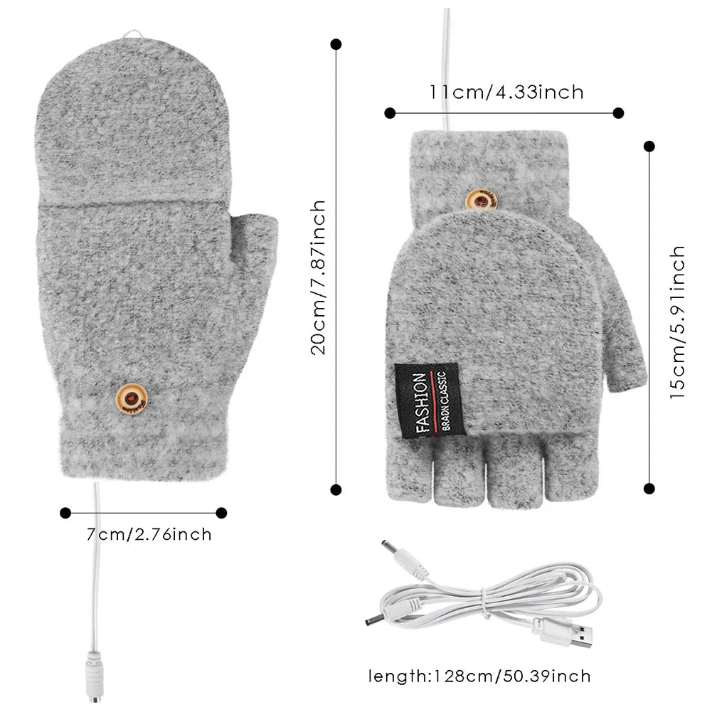 USB Rechargeable Heated Gloves Knitted Fabric One Size Fits Most Adjustable Heat Levels