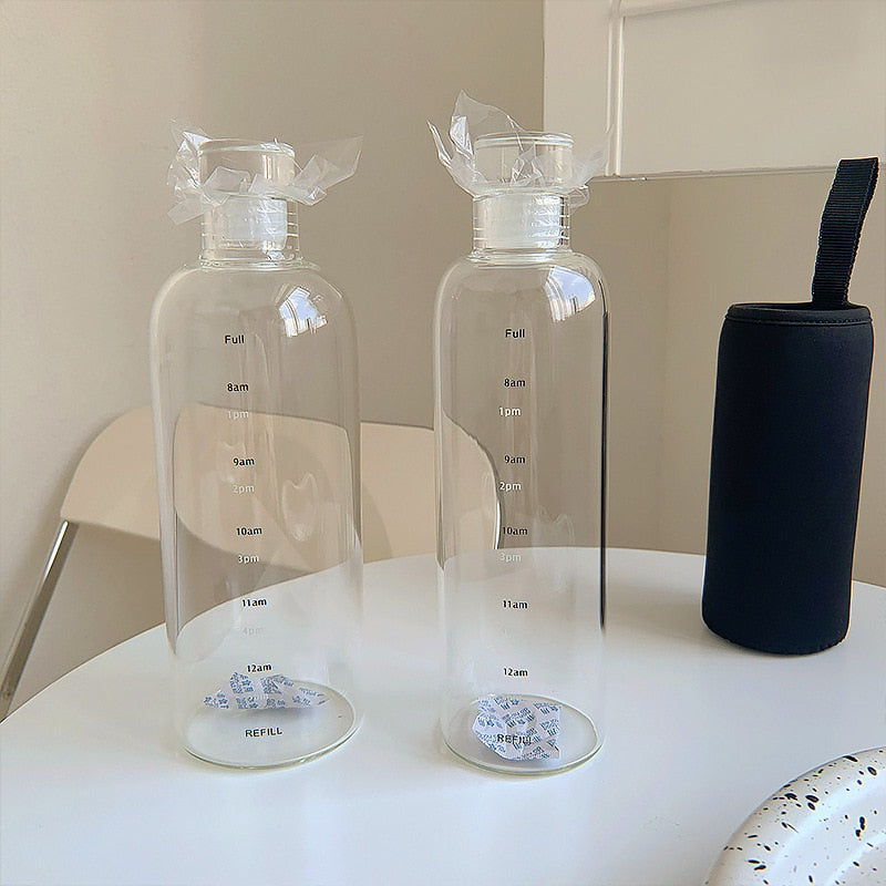 Heat-Resistant Glass Water Bottle with Time Scale and Leak-Proof Lid 22oz