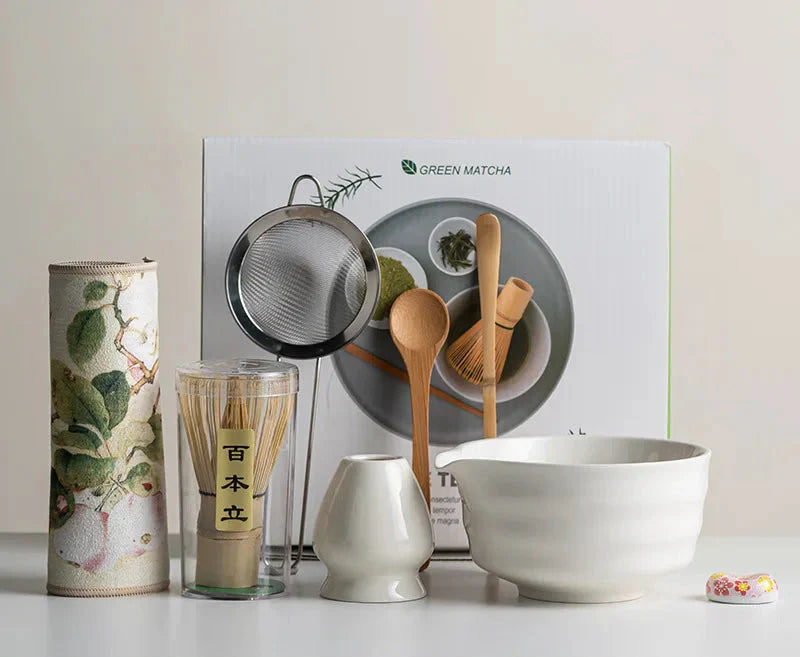 8-Piece Matcha Tea Set Ceramic Bowl Bamboo Whisk Frother Sakura Design Traditional Ceremony