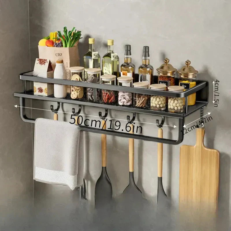 Black Aluminum Kitchen Wall Shelf with Hooks Modern Space-Saving Organizer