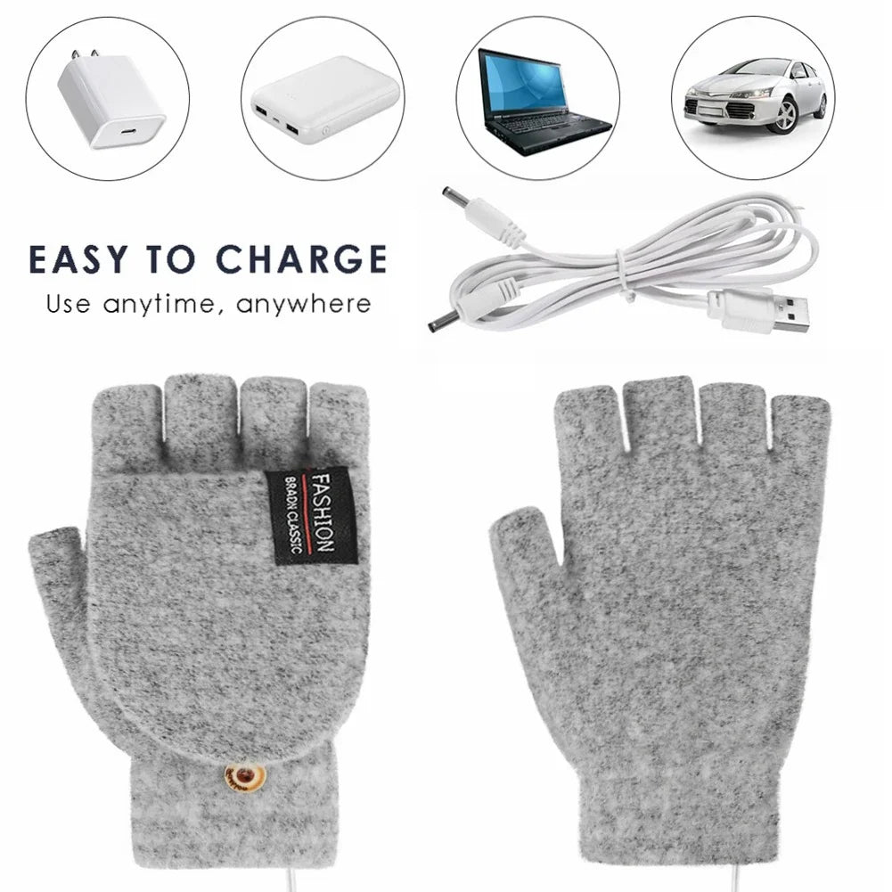 USB Rechargeable Heated Gloves Knitted Fabric One Size Fits Most Adjustable Heat Levels