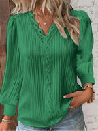 Woman wearing Harrow Sam chiffon casual blouse with lace details, perfect for summer, lightweight and stylish for everyday wear.