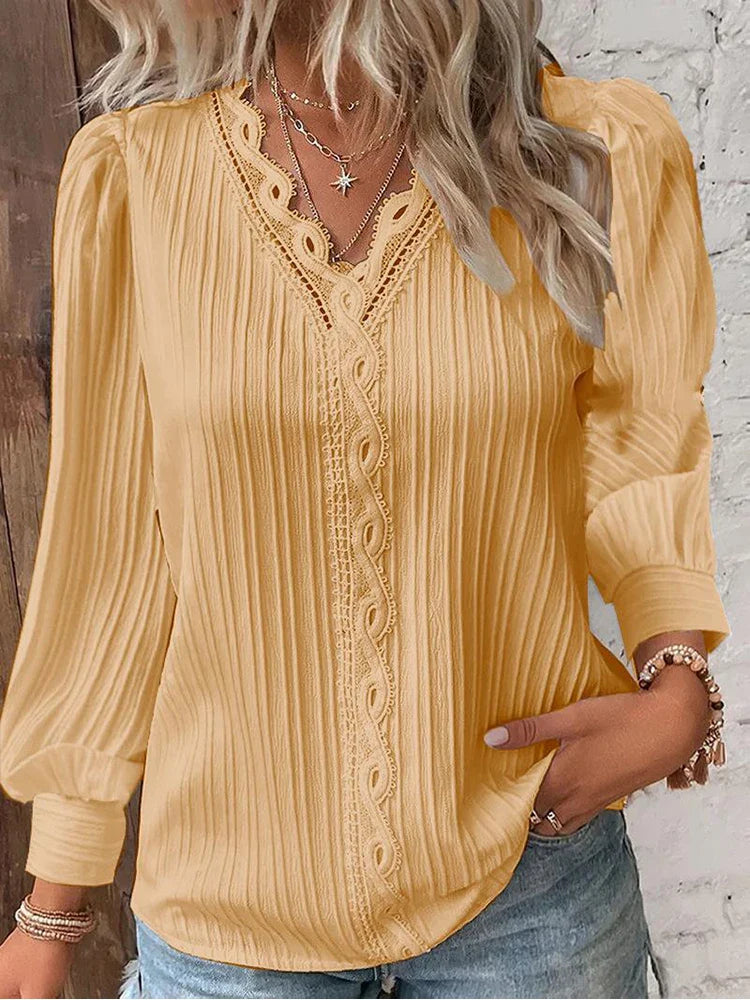 Harrow Sam chiffon casual blouse for women with lace details, lightweight summer top, soft fabric, and relaxed fit.