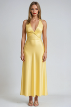 Harlow Zerlina satin halter maxi evening gown for women, elegant formal dress with flowing fabric and sophisticated design.