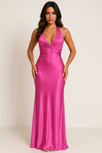 Elegant satin halter maxi evening gown for women by Harrow, featuring a flowing design and sophisticated formal style.