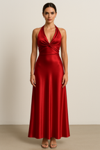 Harlow Zerlina elegant satin halter maxi evening gown for women, featuring a flowing formal design and sophisticated style.