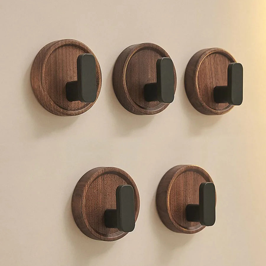 Self-Adhesive Walnut Wood Wall Hooks Round Decorative Key Towel Coat Holder for Bathroom Kitchen Hallway