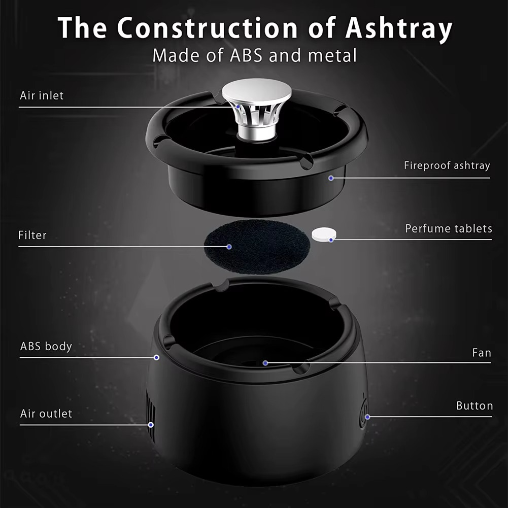 Rechargeable Smokeless Ashtray for Home Office Car Outdoor Use Compact Black