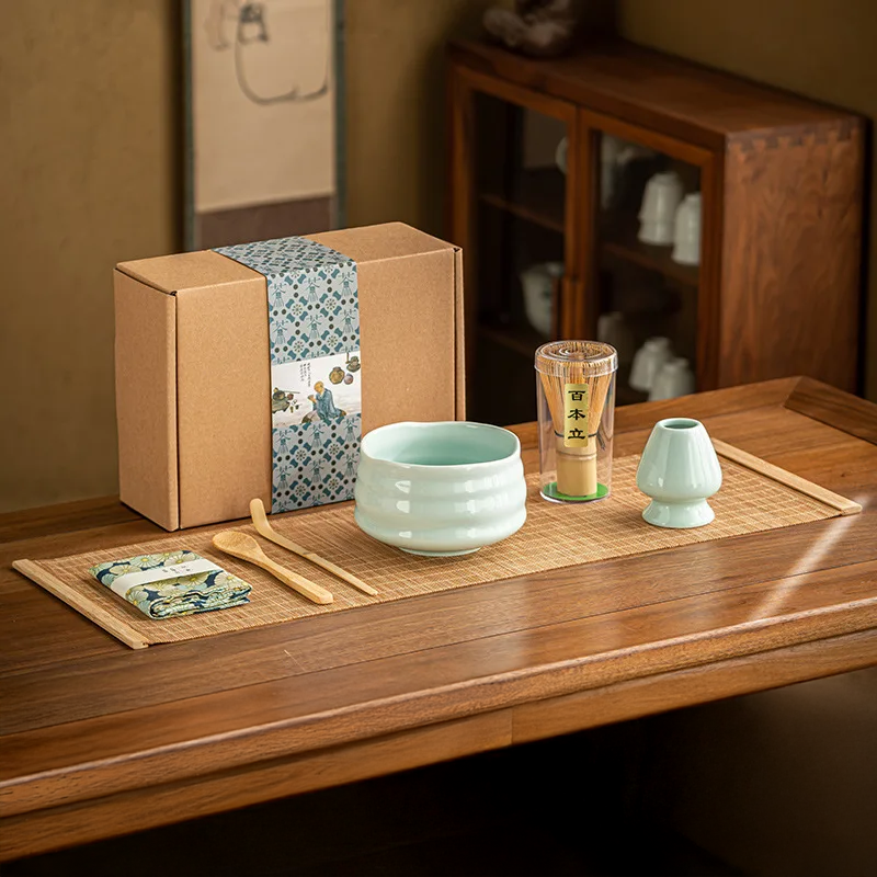 7-Piece Matcha Tea Set Bamboo Whisk Ceramic Bowl Scoop Traditional Gift Box