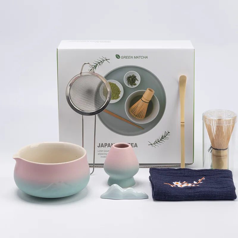 Japanese Matcha Tea Set Ceramic Bowl Bamboo Whisk Spoon Holder Strainer Traditional Green