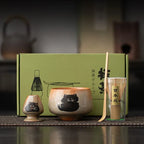 Matcha Tea Set 4 Pieces Bamboo Whisk Ceramic Bowl Cat Design Traditional Japanese Teaware