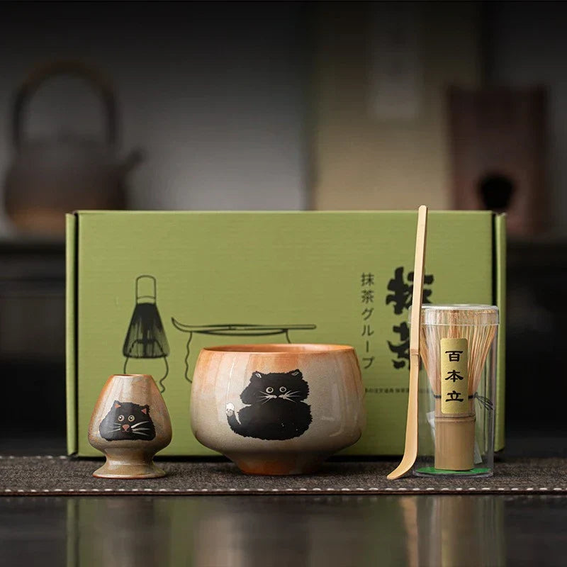 Matcha Tea Set 4 Pieces Bamboo Whisk Ceramic Bowl Cat Design Traditional Japanese Teaware