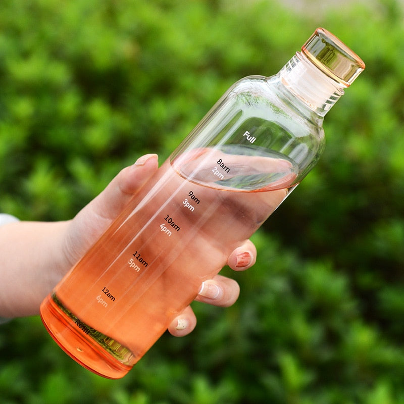 Heat-Resistant Glass Water Bottle with Time Scale and Leak-Proof Lid 22oz