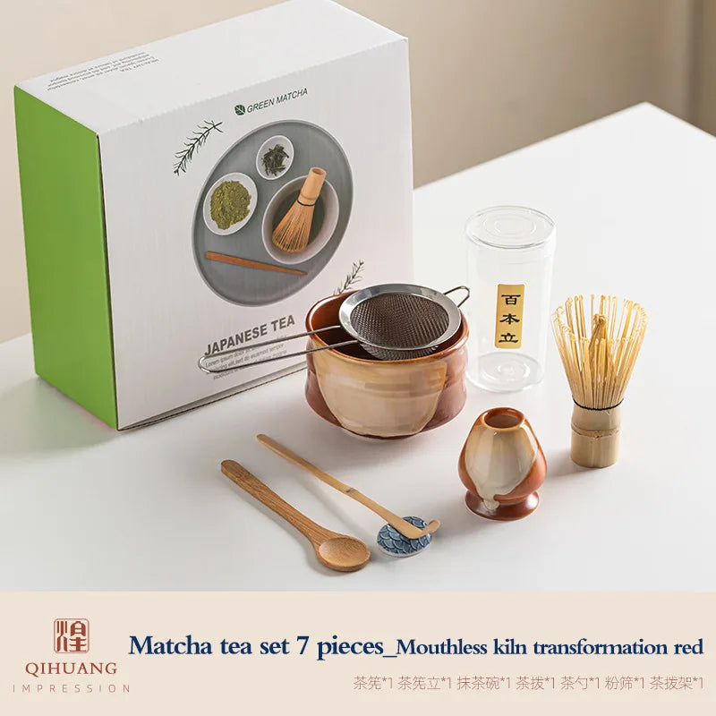 7-Piece Ceramic Matcha Tea Set Green Traditional Bowl Whisk Scoop for Tea Ceremony