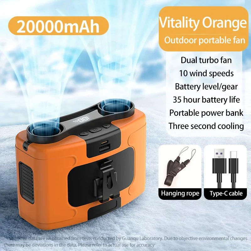 Portable Waist Fan with Power Bank 20000mAh, Hanging Neck Fan, LED Light, Strong Wind for Outdoor Work Sports