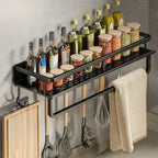 Black Aluminum Kitchen Wall Shelf with Hooks Modern Space-Saving Organizer