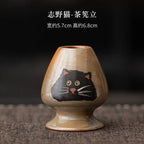 Matcha Tea Set 4 Pieces Bamboo Whisk Ceramic Bowl Cat Design Traditional Japanese Teaware