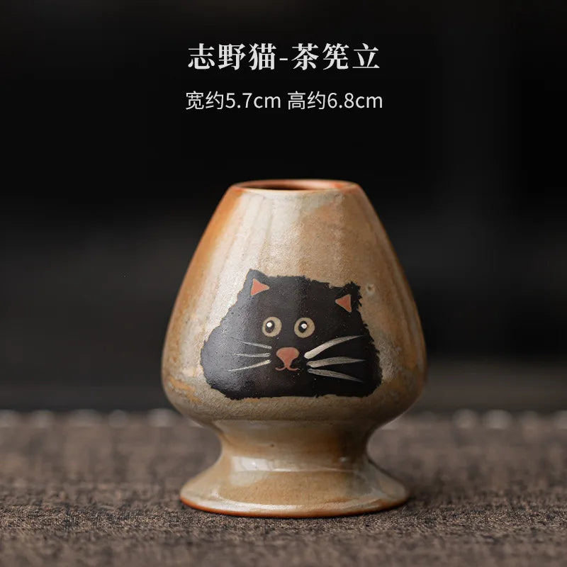 Matcha Tea Set 4 Pieces Bamboo Whisk Ceramic Bowl Cat Design Traditional Japanese Teaware
