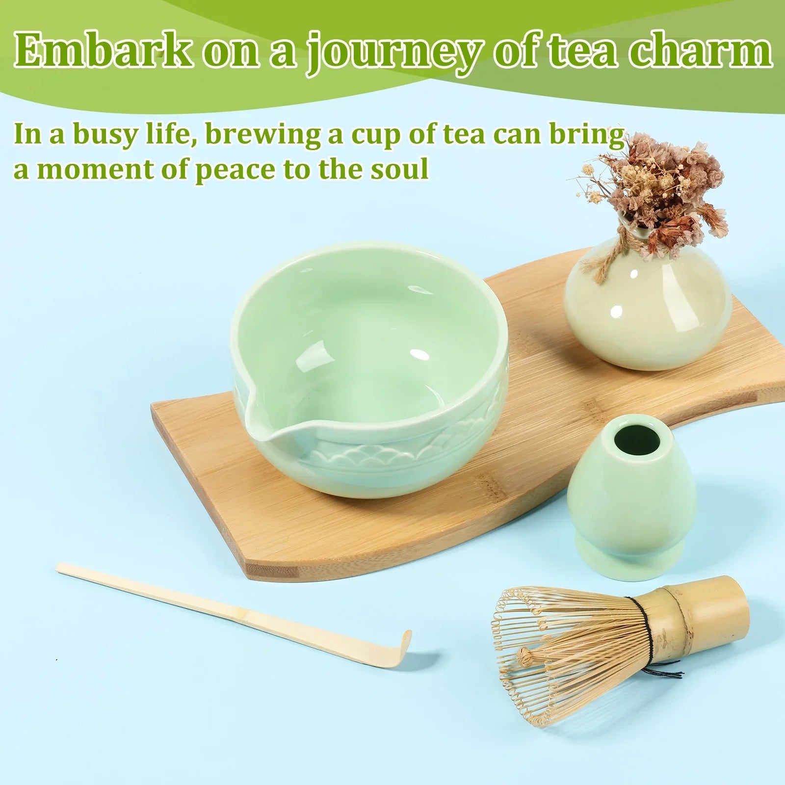 Matcha Tea Set 5-Piece Ceramic Bowl Bamboo Whisk Scoop Holder Green