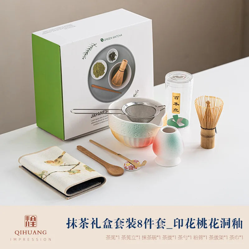 Matcha Tea Set 8-Piece Ceramic Bowl Bamboo Whisk Traditional Japanese Tea Ceremony