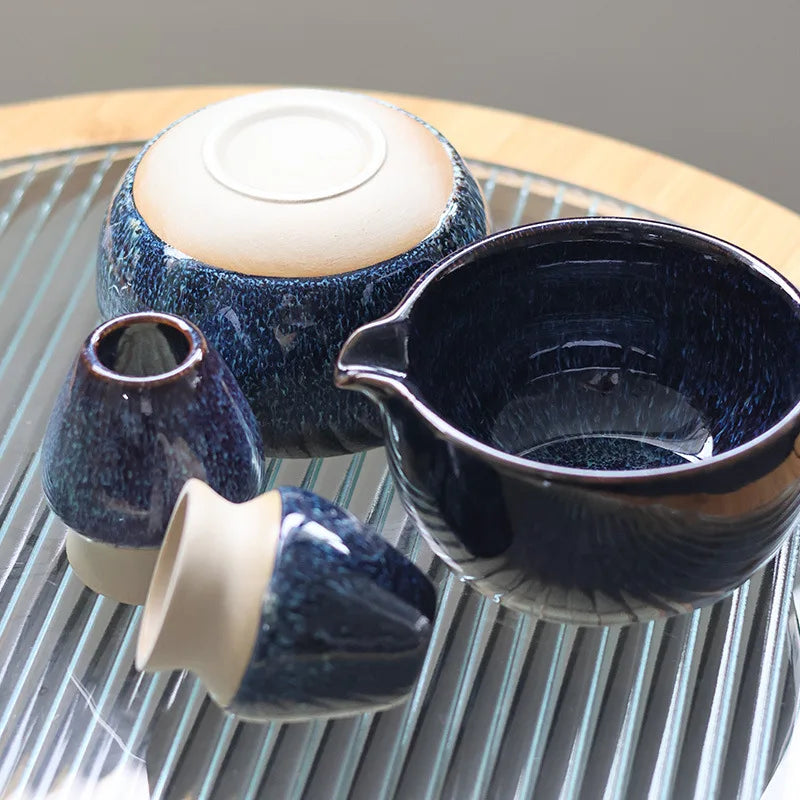 Ceramic Matcha Tea Set Navy Blue Bowl Whisk Brush Traditional Japanese Tea Ceremony