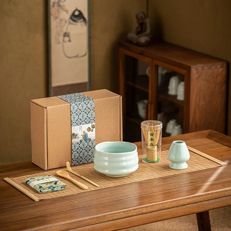 7-Piece Matcha Tea Set Bamboo Whisk Ceramic Bowl Scoop Traditional Gift Box