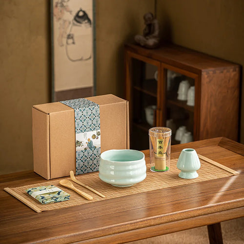 7-Piece Matcha Tea Set Bamboo Whisk Ceramic Bowl Scoop Traditional Gift Box