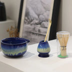 Matcha Tea Set Ceramic 4-Piece Hand-Painted Green Glaze Bowls with Bamboo Whisk and Scoop