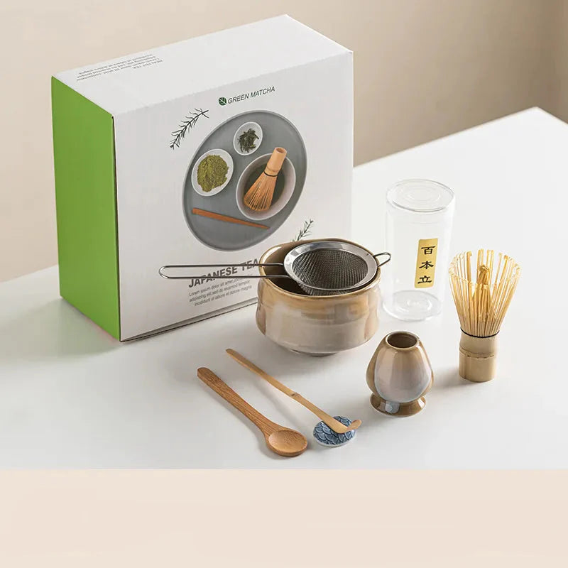 7-Piece Ceramic Matcha Tea Set Green Traditional Bowl Whisk Scoop for Tea Ceremony