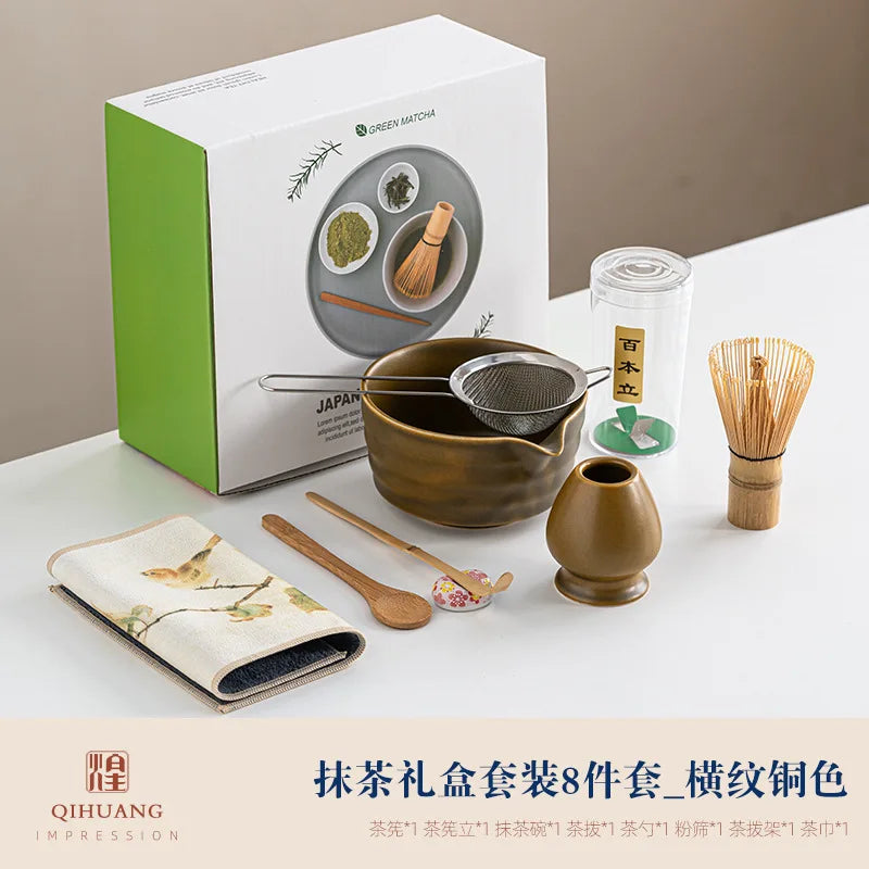 Matcha Tea Set 8-Piece Ceramic Bowl Bamboo Whisk Traditional Japanese Tea Ceremony