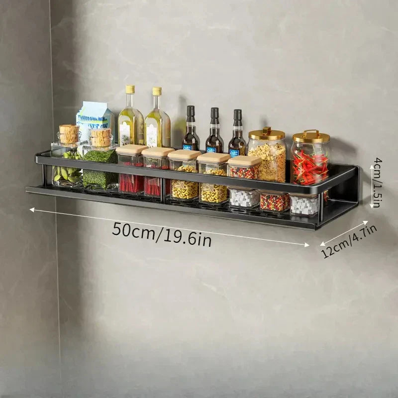 Black Aluminum Kitchen Wall Shelf with Hooks Modern Space-Saving Organizer