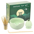 Matcha Tea Set 5-Piece Ceramic Bowl Bamboo Whisk Scoop Holder Green